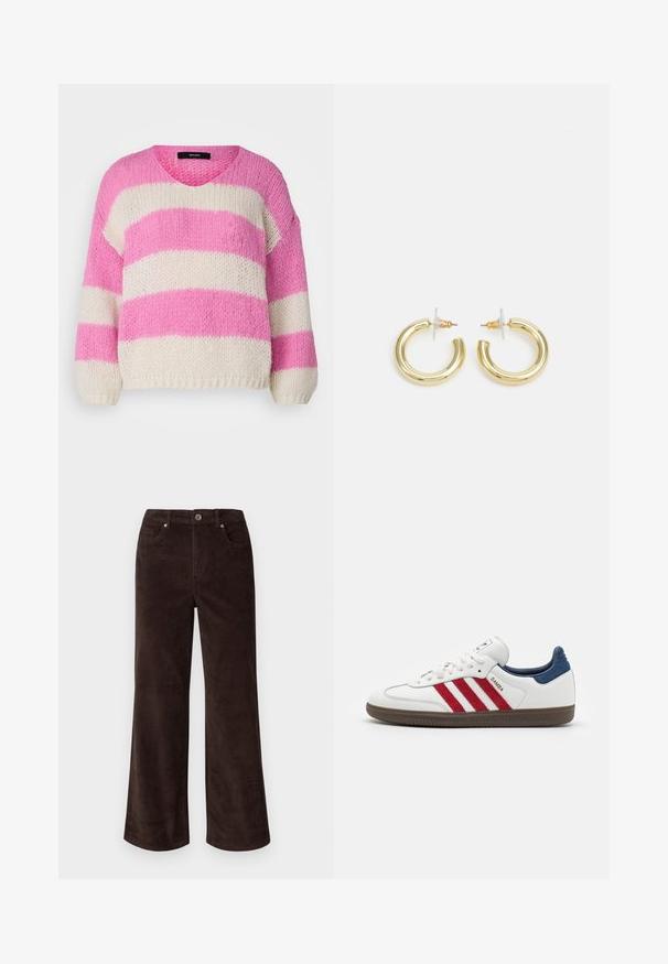Maglione a V in maglia con strisce orizzontali alternate rosa e crema, spesse. Vestibilità ampia con maniche a sbuffo e polsini a coste.; Vero Moda Petite VMTESSA PANTS - Pantaloni - chocolate torte; Sneaker bianco con strisce in suede rosso, accentuazione del tallone in suede blu e suola in gomma marrone texture. Presenta chiusura con lacci e logo.; Orecchini a cerchio in oro con una finitura liscia e lucida. Design circolare con un piccolo perno e una chiusura trasparente per un indosso sicuro.