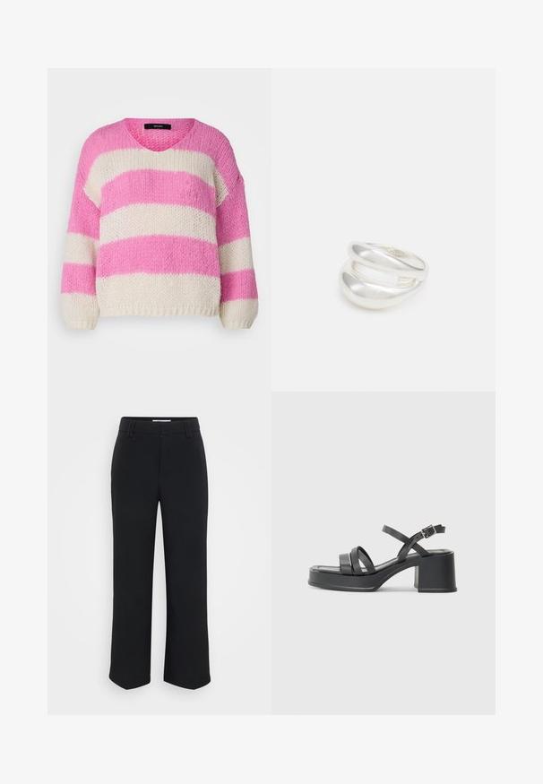 Knitted V-neck sweater featuring alternating thick pink and cream horizontal stripes. Loose fit with puffed sleeves and ribbed cuffs.; Black wide-leg trousers with a smooth texture, featuring a flat waistband and side pockets, designed with a minimalist aesthetic.; Black heeled sandals with multiple narrow straps and a round toe. The heel is block-shaped with a smooth texture. Adjustable buckle closure.; Silver double-band ring with a smooth, polished surface. Features a fluid, curved design with overlapping sections for a modern look.