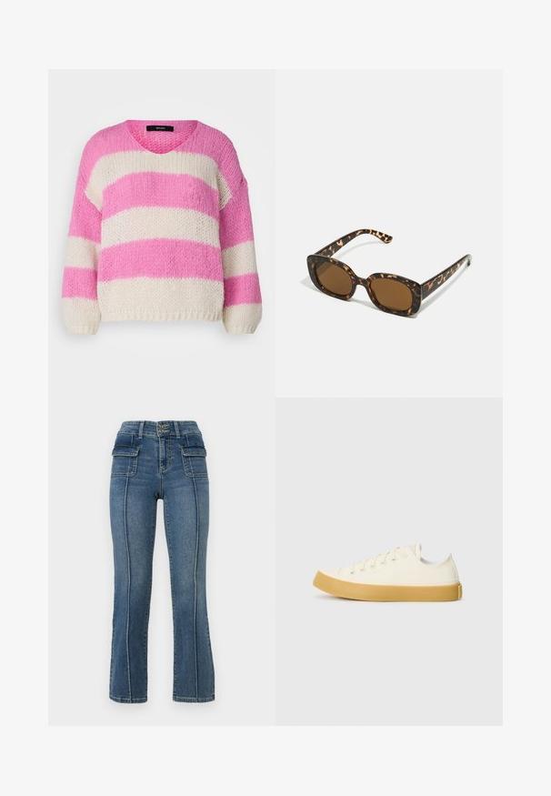 Strikket V-hals genser med varierende tykke rosa og kremfargede horisontale striper. Løs passform med puffede ermer og ribbestrikkede mansjetter.; ONLY Petite ONLWAUW MID WAIST FLARED - Flared jeans - medium blue denim; Canvas sneakers i off-white med rund tå, med beige gummisåler og fem hull for lisser, strukturert finish på overdelen.; Skilpaddeskall solbriller med en rund, kraftig ramme og brune linser. Har subtile mønstre og rett, avsmalnende armer.