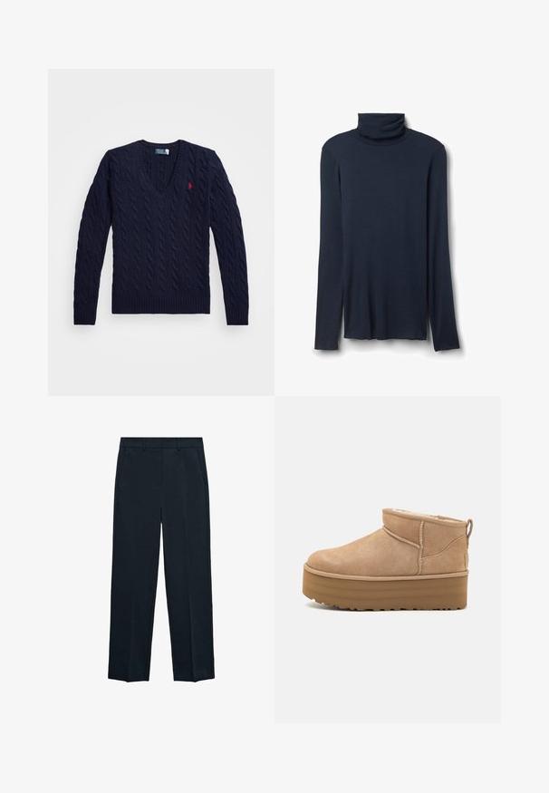 Námořnický svetr s v-výstřihem a pleteným vzorem, s ribovým lemem a manžetami, logem na hrudi, vyrobený z texturované pleteniny.; Navy rolák s dlouhým rukávem vyrobený z měkké, lehké látky. Obsahuje skládaný límec a postranní rozparky na spodním lemu pro snadný pohyb.; Námořnické modré kalhoty s rovnými nohavicemi, plochým předním dílem, dvěma bočními kapsami a hladkým povrchem. Bez viditelných vzorů nebo akcentů.; Béžové semišové kotníkové boty s plyšovým interiérem, které mají platformovou podrážku a poutko na zadní straně pro snadné obutí. Texturovaná gumová podrážka.