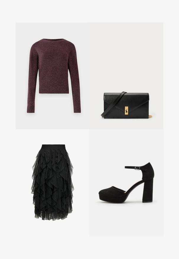 Burgundské pletené svetr s dlouhými rukávy, kulatým výstřihem, žebrovanými manžetami a lemem, se soft, texturovanou tkaninou v mírně boxy střihu.; Černá midi sukně vyrobená z vrstveného tylu s volánkovým vzorem. Obsahuje elastický pás. Průhledná látka dodává texturu a pohyb.; Černé zamšové platformové podpatky s širokým blokovým podpatkem, zaoblenou špičkou a kotníkovým páskem, který je zajištěn kovovou sponou. Hladký povrch po celém obvodu.; Černá kožená peněženka s překlopným víkem, zlatými prvky a logem. Obsahuje odnímatelný popruh pro nošení.