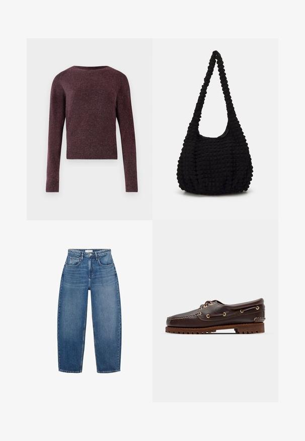 Burgundski pleteni pulover z dolgimi rokavi, okroglim izrezom, rebrastimi manšetami in robom, ki se ponaša z mehko, teksturirano tkanino v nekoliko kvadratni obliki.; Visoko pasovi modri traper hlače s ravnim krojem, ki imajo pet žepov, pasne zanke in subtilno zbledelost za dodaten tekstur.; Rjave usnjene čolnarske čevlje z zlatimi očesi, okroglicami in teksturiranim rjavim gumijastim podplatom. Ima šivano podrobno obdelavo in dvignjen logotip.; Črna teksturirana platnena torba z enim zasukanim trakom, ki se ponaša z mehkobo in zbranim oblikovanjem površine.