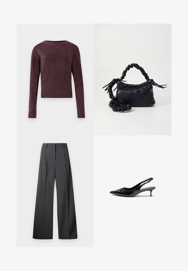 Sweater de malha bordô com mangas longas, decote redondo, punhos e bainha canelados, apresentando um tecido suave e texturado numa forma ligeiramente larga.; Calças de perna larga em tecido cinza escuro, apresentando uma cintura alta, pregas simples e uma textura suave com um acabamento limpo nas bainhas.; Sapatos de salto alto slingback em couro preto com bico fino, pequeno salto kitten e um detalhe decorativo em forma de nó na parte da frente. Textura suave em toda a parte.; Bolsa de mão em couro sintético preto com textura de crocodilo, topo franzido e alça enrugada. Apresenta um design suave e compacto.