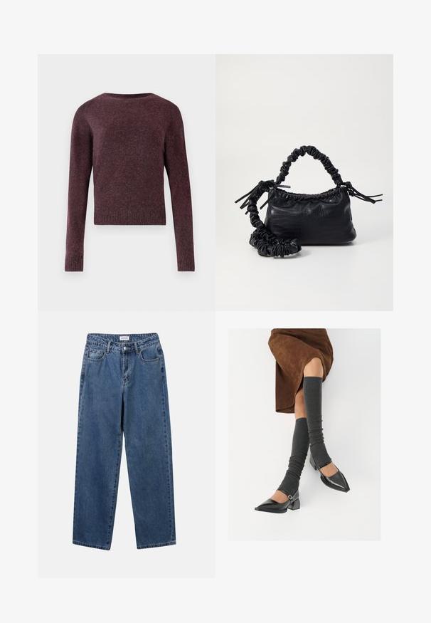 Burgundy stickad tröja med långa ärmar, rundad halsringning, ribbade manschetter och nederkant, i en mjuk, strukturerad kvalitet med en något boxig passform.; Klassiska blå denimjeans med rak benform, fem fickor och knäppning. Har en medelblå tvättning och stadig textur.; Svarta lackläderskor med spetsig tå, blockklack och ankelrem, i kombination med grå ribbade benvärmare och en brun mockakjol.; Svart faux läderhandväska med krokodiltextur, snodd topp och en skrämd rem. Ser mjuk och kompakt ut i designen.