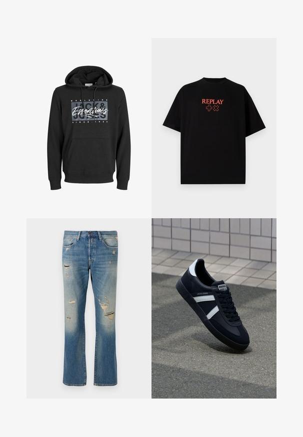 Felpa con cappuccio nera in misto cotone, dotata di tasca frontale a marsupio, polsini a costine e stampa grafica con testo "Jack & Jones Essentials".; T-shirt in cotone nero con maniche corte, collo rotondo, caratterizzato da un logo rosso "REPLAY" e simboli allineati centralmente sul petto.; Jeans in denim azzurro chiaro con vestibilità rilassata, caratterizzati da dettagli strappati e toppe sfilacciate, con design classico a cinque tasche e chiusura con bottone.; Sneaker neri in pelle con strisce bianche, suola in gomma texturizzata e allacciatura frontale. Presenta un'etichetta con il marchio sulla linguetta.