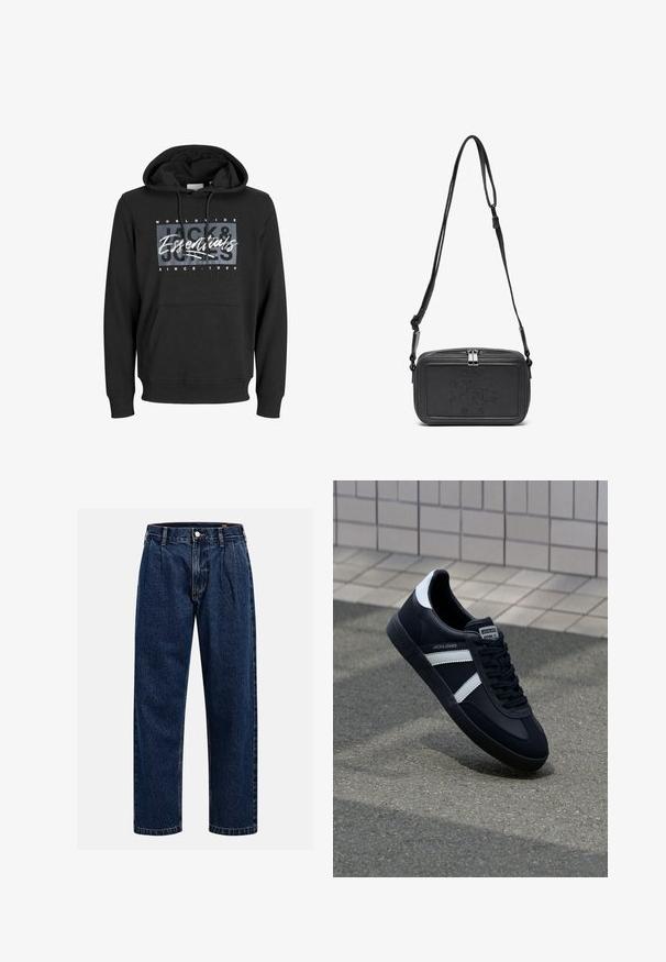 Černá mikina s kapucí z bavlněné směsi, s přední kapsou typu klokanka, ribkovanými manžetami a potiskem s textem "Jack & Jones Essentials".; Tmavě modré džíny s rovnými nohavicemi. Mají viditelné švy, zapínání na knoflík a přední záhyby pro zvýraznění detailu.; Černé kožené tenisky s bílými pruhy, texturovanou gumovou podrážkou a šněrováním vpředu. Obsahují značenou etiketu na jazyku.; Černá kožená taška přes rameno s uzávěrem na zip, vyraženým logem na přední straně a nastavitelným popruhem. Hladký povrch s obdélníkovým tvarem.