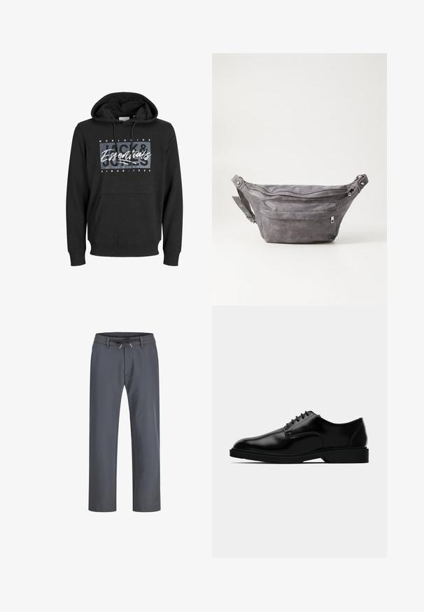 Black hooded sweatshirt in cotton blend, featuring a front kangaroo pocket, ribbed cuffs, and a graphic print with "Jack & Jones Essentials" text.; Gray, elastic waistband pants with a drawstring. Straight leg design, made from smooth fabric, feature minimal stitching and no visible hardware.; Black leather dress shoe with a smooth finish, rounded toe, lace-up design, and understated rubber sole for traction.; Gray suede fanny pack with a rounded shape, two zippered compartments, and adjustable strap. Features metal hardware accents.