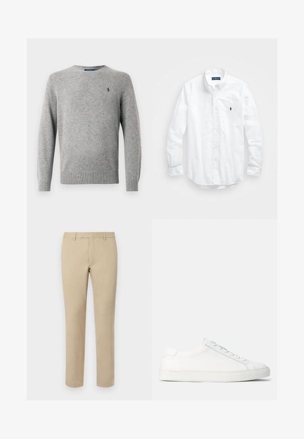 Suéter cinza com decote redondo e mangas compridas. Apresenta punhos e bainha canelados, feito de um tecido de malha suave. Pequeno logotipo no peito.; Camisa de botões de manga longa branca em algodão. Apresenta um colarinho clássico, punhos com botão e um pequeno logótipo bordado em azul-marinho no peito.; Calças de algodão bege com corte reto, apresentando passantes para cinto, frente lisa e bainhas ajustadas. Textura suave e detalhes mínimos.; Sneakers brancos em couro com textura suave, forma arredondada, sola de borracha plana e atacadores brancos. Apresenta um design minimalista e uma marca discreta.