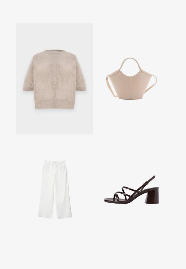 Beige Kurzarmpullover aus weichem, kuscheligem Stoff. Verfügt über einen runden Halsausschnitt und eine lockere Passform mit gerippten Saumakzenten.; Weiße, weite Hosen aus weichem Stoff, mit einem Kordelzug in der Taille und zwei vorderen Taschen. Glatte Textur und keine sichtbaren Muster.; Braune, geschnallte High-Heel-Sandalette mit einem dicken Absatz, die über eine glatte, glänzende Oberfläche und mehrere überkreuzte Riemen im Obermaterial verfügt.; Beige Lederhandtasche mit einer einzigartigen Form, die zwei kurze Henkel und einen langen verstellbaren Riemen aufweist. Glatte Textur mit minimalen Hardware-Elementen.