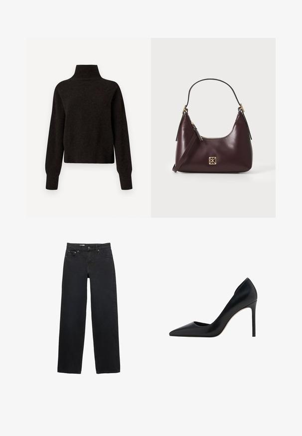 Czarny sweter z długim rękawem i wysokim kołnierzem, z prążkowanymi mankietami i dołem, zaprezentowany na białym tle.; Czarne szerokie dżinsy wykonane z denimu, z pięcioma kieszeniami, zapięciem na guzik, subtelnym przeszyciem oraz prostym krojem od talii do dołu.; Mango - Szpilki; Burgundowa skórzana torebka o zaokrąglonym kształcie, z złotymi akcentami na elementach metalowych oraz zamknięciem na zamek błyskawiczny. Posiada odpinany pasek na ramię.