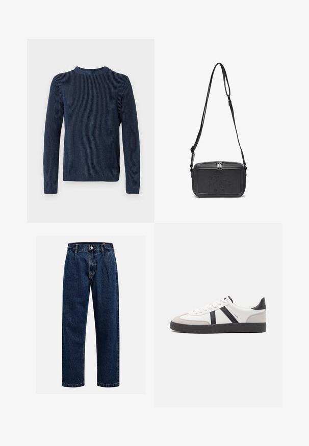 Pulover tricotat cu inspiratie din stilul navy blue, cu maneci lungi si decolteu rotund. Prezinta un model texturat, vertical si un mic logo pe tiv.; Jeans din denim albastru închis cu un design drept. Prezintă cusături vizibile, închidere cu buton și pliuri frontale pentru un detaliu suplimentar.; Sneaker alb cu accente negre și gri, având un capac de vârf gri texturat, talpă din cauciuc negru și șireturi plate albe. Design elegant, stil minimalist.; Geantă din piele neagră, tip crossbody, cu închidere cu fermoar, logo embosat pe față și curea ajustabilă. Textură netedă și formă rectangulară.