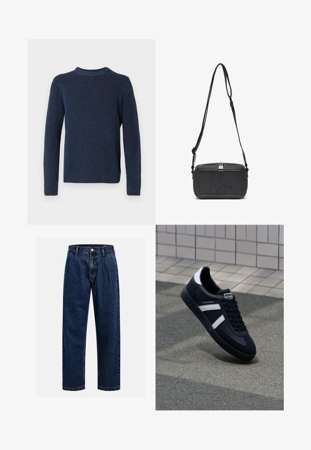Tamsiai mėlynas banguoto rašto megztinis su ilgomis rankovėmis ir apvalia iškirpte. Pasiruošęs tekstūruota vertikaliu raštu ir maža logotipu ant apvado.; Tamsiai mėlynos džinsinės kelnės su tiesiu sijonu. Savybė - matoma siūlė, mygtuko uždarymas ir priekinei daliai raukiniai, suteikiantys papildomą detales.; Juodas odinis sportinis batelis su baltais dryžiais, tekstūruota gumine padais ir raišteliais priekyje. Yra prekės ženklą žymintis etiketė ant liežuvio.; Juodas odinis per petį nešiojamas krepšys su užtrauktuku, iškilniu logotipu priekyje ir reguliuojama dirželiu. Lygus paviršius, stačiakampio formos.