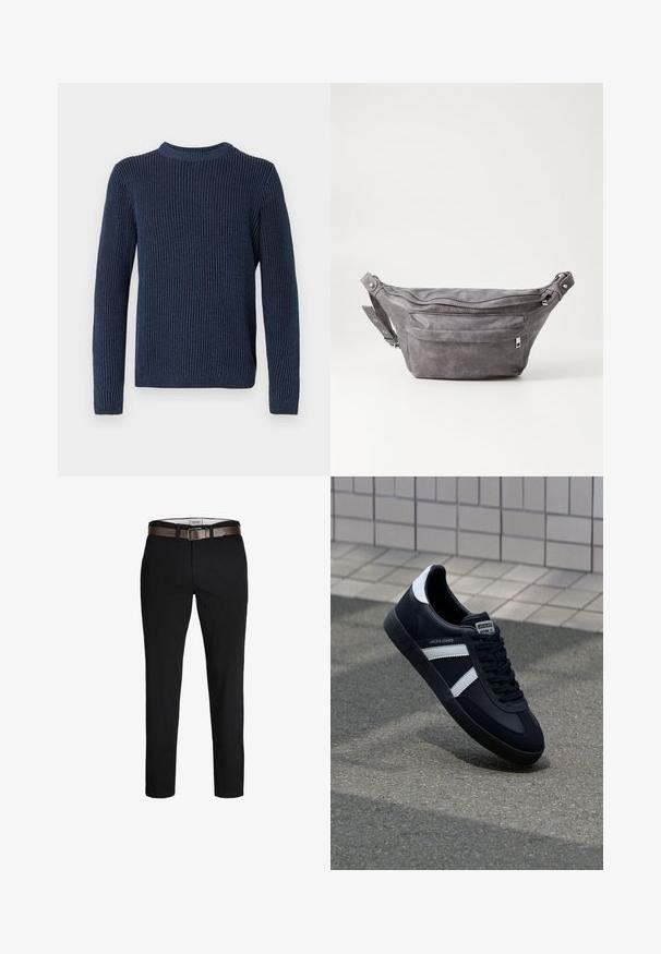 Tamna plava rebrasta pletena majica dugih rukava s okruglim izrezom. Ima teksturirani, vertikalni uzorak i mali logo na rubu.; Crne pamučne hlače ravnog kroja, s smešnim kožnim pojasom i glatkom teksturom. Jednostavan dizajn, bez vidljivih uzoraka ili akcenata.; Crne kožne tenisice s bijelim prugama, strukturirana gumena potplate i vezanjem sprijeda. Ima oznaku brenda na jeziku.; Siva zamšasta torbica preko struka sa zaobljenim oblikom, dva zip zatvorena odjeljka i podesivim remenom. Sadrži metalne naglaske.