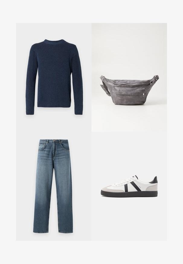 Marineblauer gerippter Strickpullover mit langen Ärmeln und einem runden Ausschnitt. Besitzt ein strukturiertes, vertikales Muster und ein kleines Logo am Saum.; Gerade geschnittene blaue Jeans aus Denim mit gewaschenem Finish, ausgestattet mit einem Fünf-Taschen-Design, Metallknopf und Gürtelschlaufen. Robustes, mittelschweres Material.; Weiße Sneaker mit schwarz- und grau-aczenten, ausgestattet mit einer strukturierten grauen Zehenkappe, schwarzer Gummi-Sohle und flachen weißen Schnürsenkeln. Sauberes Design, minimalistische Stil.; Graue Wildleder-Gürteltasche mit runder Form, zwei mit Reißverschluss verschlossenen Fächern und verstellbarem Trageriemen. Mit metallischen Hardware-Akzenten.