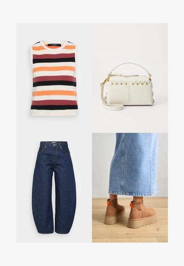 Suurte õlavarreauguga kootud topp horisontaalsete triipudega, mille värvid on oranž, koor, burgundia, must ja tumehall. Tekstureeritud kangas ümarate kaelustega.; Tumesinised teksapüksid laiade, lõdvalt istuvate lõigetega. Varustatud luku ja nelja taskuga ning kontrastse õmblusega õmbluste ääres.; Pruunid nahatooted platvormikontsad elastsete külgpaneelidega ja oranžide tõmbetuttidega, koos puusani ulatuva heleda denim-seelikuga puidust põrandal.; Valge kunstnahast kott, millel on ülemine tõmblukk, lühike käepide ja eemaldatav ristkeha rihm kuldsete detailidega. Külgade lacing detail.; Hõbedane rõngas kõrvarõngas poleeritud viimistlusega, millel on väikesed kuldsed aktsendid ja ümmargune kuju, kantud lobus.