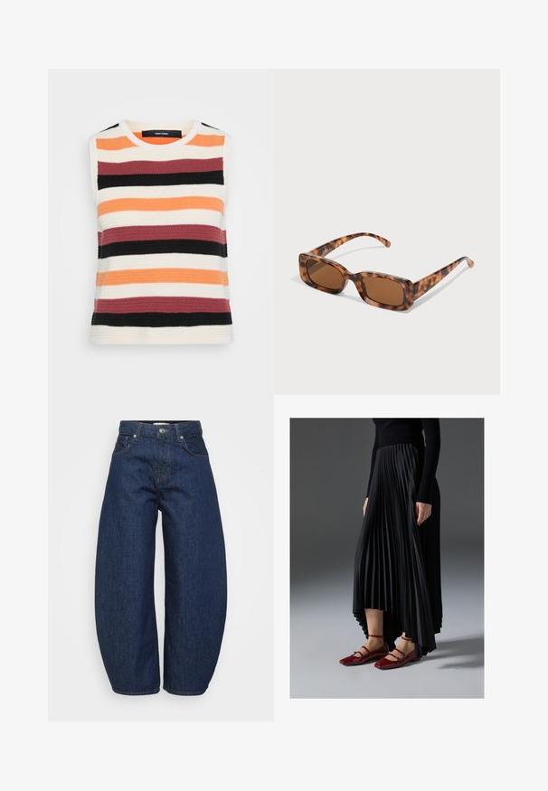 Top senza maniche in maglia con righe orizzontali arancione, crema, bordeaux, nero e grigio scuro. Tessuto testurizzato con girocollo.; Jeans in denim blu scuro a vita alta con gambe larghe, chiusura frontale con bottone e zip, e design classico a cinque tasche.; Gonna nera plissettata con orlo asimmetrico, abbinata a ballerine rosse lucide con design a strap. Il tessuto ha una texture liscia.; Occhiali da sole tartarugati con lenti rettangolari marroni, una montatura spessa e stanghette sottili con un motivo di diverse tonalità di marrone.; Borsa a spalla nera in pelle con un design curvo, chiusura a fibbia prominente e dettagli di cucitura bianca. Inclusa tracolla regolabile.; Orecchini a cerchio in argento con una finitura liscia e lucida. Forma rotonda e chiusura a scatto sicura. Design leggero adatto per l'uso quotidiano.