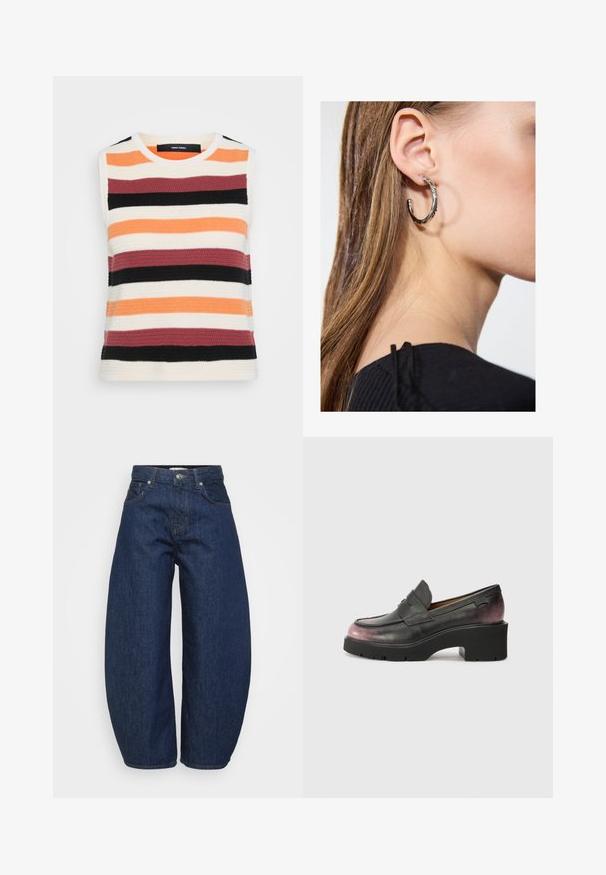 Sleeveless knitted top with horizontal stripes in orange, cream, burgundy, black, and dark gray. Textured fabric with a crew neckline.; High-waist dark blue denim jeans with wide legs, front button and zipper closure, and classic five-pocket design.; Black leather loafers with a rounded toe, accent strap, and tonal gradient from black to dark pink at the heel. Features a chunky sole.; Silver hoop earring with a polished finish, featuring small gold accent details and a round shape, worn on the lobe.