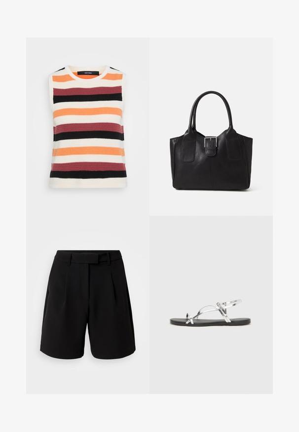 Bele dėvimas megztinis be rankovių su horizontaliais dryžiais oranžinės, grietinėlės, burgundiškos, juodos ir tamsiai pilkos spalvų. Tekstūruota medžiaga su apvalia iškirpte.; Juoda pritaikyta šortai, pagaminti iš lygios medžiagos, turintys aukštą juosmenį, klostes, diržo kilpas ir šonines kišenes, su tvarkinga išvaizda.; Sidabriniai metaliniai sandalai su minimalistiniu dizainu, turintys plonas dirželius ir juodą plokščią padą. Išskirtinai pabrėžiami kryžminiai dirželių akcentai.; Juodas odinis nešiojamas krepšys su lygiu paviršiumi, struktūrine forma, dviem rankenėlėmis ir ryškiu sidabriniu sagties akcentu priekyje.