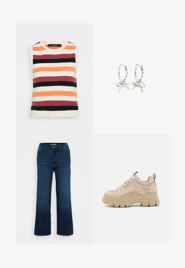 Top senza maniche in maglia con righe orizzontali arancione, crema, bordeaux, nero e grigio scuro. Tessuto testurizzato con girocollo.; ONLY Petite ONLMADISON BLUSH WIDE - Wide Leg - dark blue denim; Sneaker chunky beige realizzati con un mix di rete e camoscio, dotati di una suola spessa e un battistrada prominente, design con lacci e dettagli di branding.; Orecchini a cerchio argentati con design a fiocco, con una finitura liscia e una texture lucida. Stile compatto e minimalista adatto per diverse occasioni.