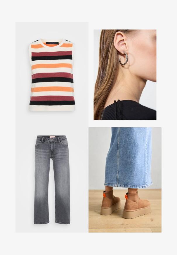 Bezramkowy, dziany top z poziomymi paskami w kolorach pomarańczowym, kremowym, burgundowym, czarnym i ciemnoszarym. Teksturowana tkanina z okrągłym dekoltem.; Szare dżinsy o prostym kroju nogawki, z pięcioma kieszeniami, delikatnym wyblaknięciem i zapięciem na guzik w talii.; Brązowe zamszowe buty na platformie z elastycznymi bokami i pomarańczowymi uchwytami, w połączeniu z jasnoniebieską spódnicą do kolan na drewnianej podłodze.; Srebrny kolczyk w kształcie koła z polerowanym wykończeniem, z małymi złotymi akcentami, noszony na płatku ucha.