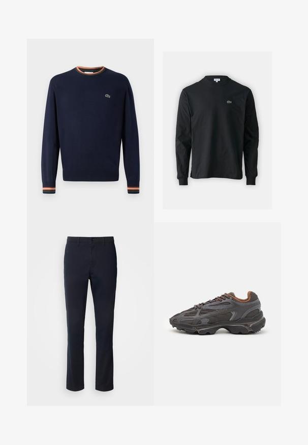 Navyblauwe trui met een ronde hals, ribgebreide manchetten met groene, oranje en witte strepen, en een klein geborduurd logo op de borst.; Zwarte longsleeve t-shirt van katoen, met een ronde halslijn en een klein groen geborduurd krokodillenlogo op de linkerborst.; Marineblauwe broek van een gladde stof, met een rechte pijpdesign, riemlussen en een knoopsluiting met een ritssluiting.; Lacoste sneakers in donkergrijs van mesh en synthetisch materiaal, met een gestructureerde zool en bruine accenten op de kraag en branding.