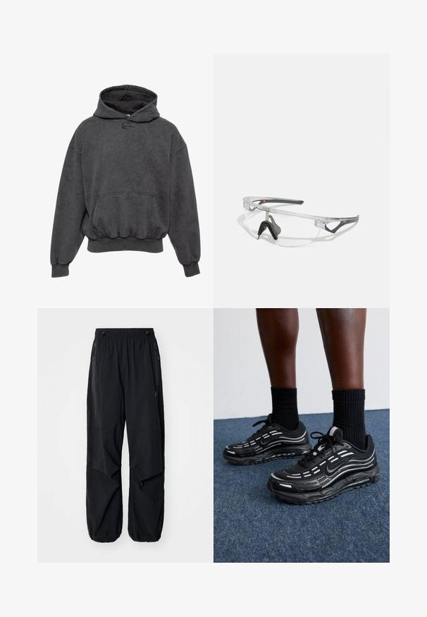Sivá mikina s kapucňou a klokankou, so ribovanými manžetami a lemom, a mäkkou textúrou. Na prednej strane má malé logo vyšívané.; Čierne ľahké cargo nohavice s elastickým pásom, bočnými zipsami a priestrannými vreckami. Majú voľný strih a zúžené manžety.; Čierne tenisky Nike majú sieťkový zvršok s akcentovými pruhmi, textúrovaným šnurovaním a čiernu gumovú podrážku. Nosené s čiernymi rebrovanými ponožkami.; Priehľadné bezpečnostné okuliare s ľahkým, transparentným rámom a sivými akcentmi. Majú obopínajúci dizajn a nastaviteľný nosník.