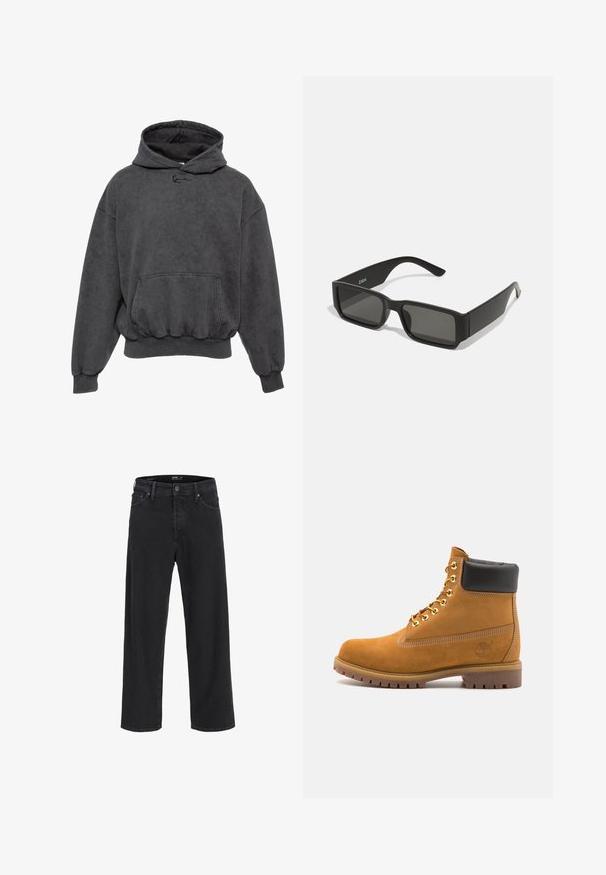Szürke kapucnis pulóver, kenguruzsebes, bordás mandzsettával és aljjal, valamint puha tapintással. Elöl egy kis logó van hímezve.; Fekete egyenes szárú farmernadrág gombos és cipzáras záródással, övhurkokkal, valamint elülső és hátsó zsebekkel.; Barna velúr bokacipő fekete párnázott gallérral, arany fém fűzőlyukakkal, fehér varrási részletekkel és durva gumitalppal, amelynek kifejezett barázdái vannak.; Fekete napszemüveg, téglalap alakú lencsékkel, matt műanyag vázzal és egyenes vonalakkal. A belső karon található a márka logója.