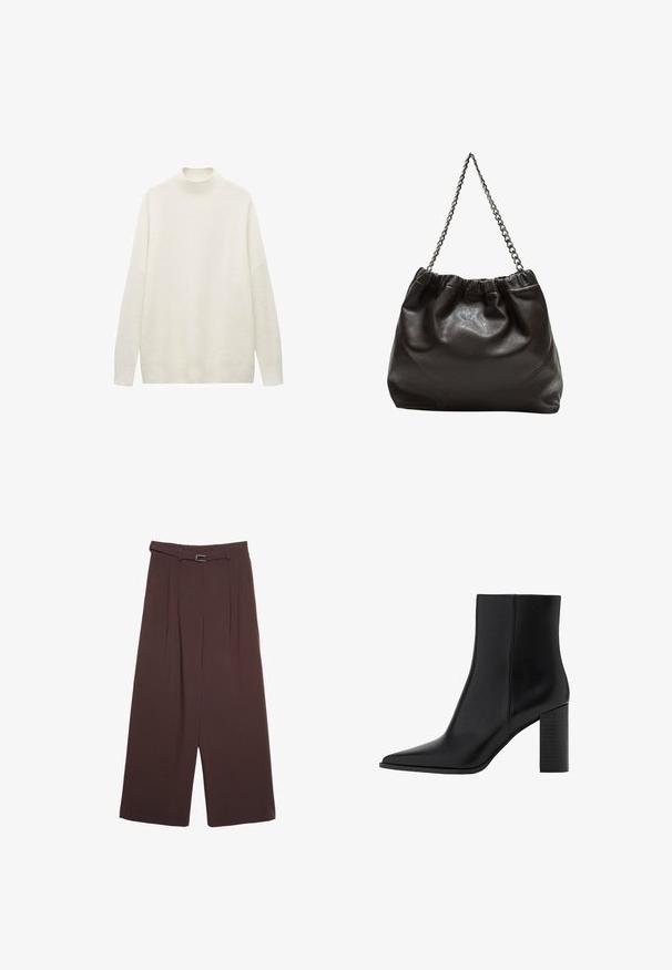 Biely pletený rolák s voľným strihom, dlhými rukávmi a rebrovaným lemom. Mäkko textúrovaný s jemnými horizontálnymi vzormi.; Stradivarius WIDE-LEG WITH BUCKLE DETAIL - Nohavice - dark brown; Čierna kožená členková čižma s špicatou špičkou, štvorcovým podpätkom, hladkou textúrou a šitými detailmi pozdĺž švov. Výška podpätkov je približne 3,5 palca.; Hnedá kožená taška so zberaným vrchom a reťazovým popruhom. Hladký povrch s lesklým finišom a jemným švom po stranách.