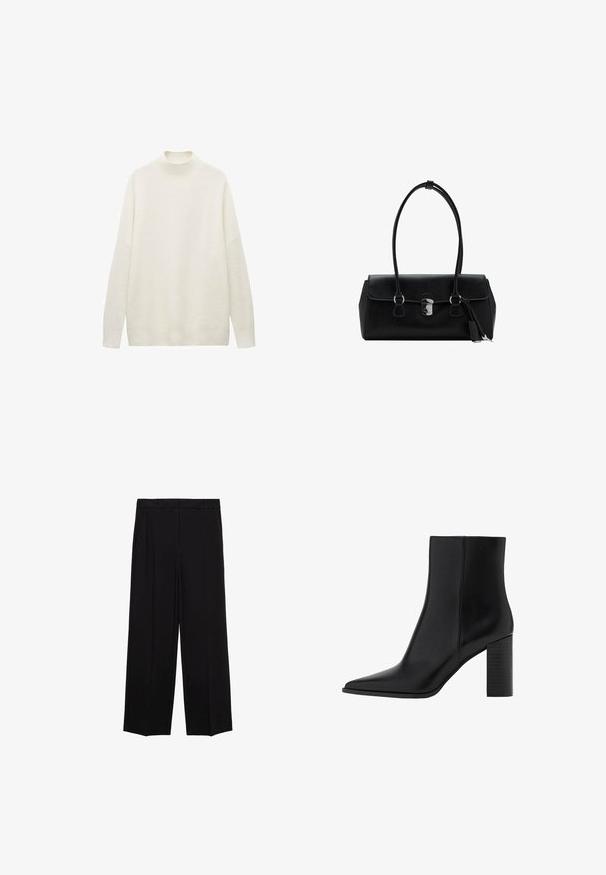 Maglione bianco a collo alto in maglia con una vestibilità comoda, maniche lunghe e orlo a costine. Texture morbida con motivi orizzontali sottili.; Pantaloni neri a gamba larga in tessuto morbido, con pieghe nella parte frontale e tasche laterali, progettati con una linea dritta e comoda.; Stivale alla caviglia in pelle nera con punta affilata, tacco quadrato, texture liscia e dettagli di cucitura lungo le cuciture. I tacchi misurano circa 3,5 pollici.; Borsa a mano in pelle nera con una texture liscia, design strutturato, doppi manici e un dettaglio clasp in argento al centro.