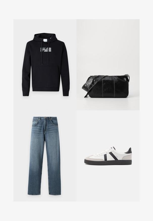 Schwarzer Kapuzenpullover aus weichem Stoff, mit einer vorderen Kängurutasche und einem bedruckten Logo auf der Brust. Lange Ärmel mit gerippten Bündchen.; Gerade geschnittene blaue Jeans aus Denim mit gewaschenem Finish, ausgestattet mit einem Fünf-Taschen-Design, Metallknopf und Gürtelschlaufen. Robustes, mittelschweres Material.; Weiße Sneaker mit schwarz- und grau-aczenten, ausgestattet mit einer strukturierten grauen Zehenkappe, schwarzer Gummi-Sohle und flachen weißen Schnürsenkeln. Sauberes Design, minimalistische Stil.; Schwarze Leder Schultertasche mit Reißverschluss, ausgestattet mit einer strukturierten Oberfläche, weißen Nähten und einem Tragegurt mit silbernen Ösen.