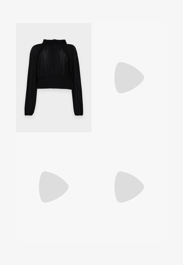 Black cropped top with pleated texture, long sleeves, high neckline, and gathered detailing at the hem and shoulders.; Pink wide-leg trousers with a smooth texture, featuring a high waist, two buttons at the top, and pleats running down the front.; Black patent leather ankle boot with a pointed toe and a mid-height block heel. Smooth texture and minimalist design.; Black handbag with textured surface, dual top handles, and adjustable shoulder strap. Features gold-tone hardware and side pockets.