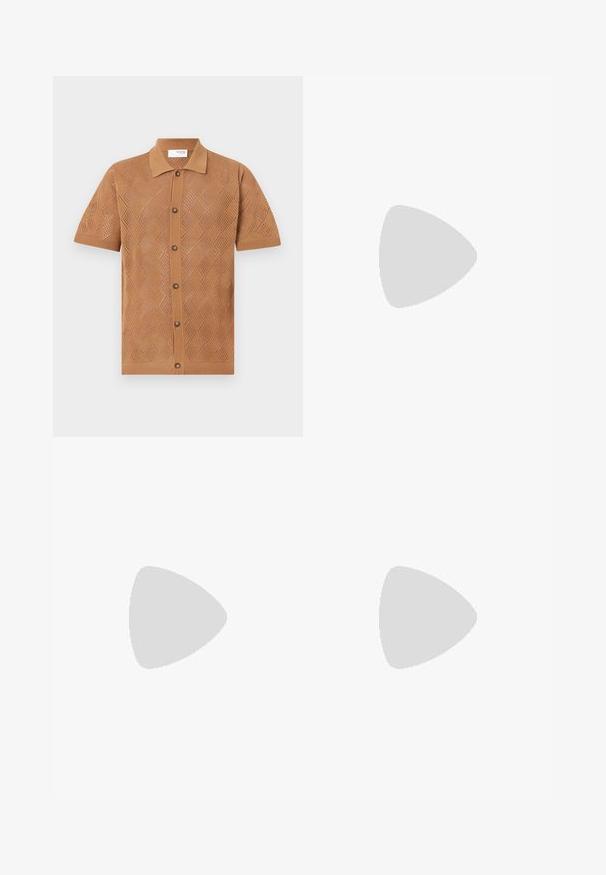 Short-sleeve shirt in light brown knit fabric with diamond patterns, featuring a collar and button-up front with brown buttons.; Beige pants made of soft fabric, featuring a drawstring waist, straight leg design, and smooth texture. No visible patterns or accents.; White leather sneakers with a smooth finish, rounded toe, flat laces, and a textured sole. Grey suede accent at the heel.; Clear plastic sunglasses with rectangular brown lenses, featuring thin, transparent arms and metal accents on the temples.