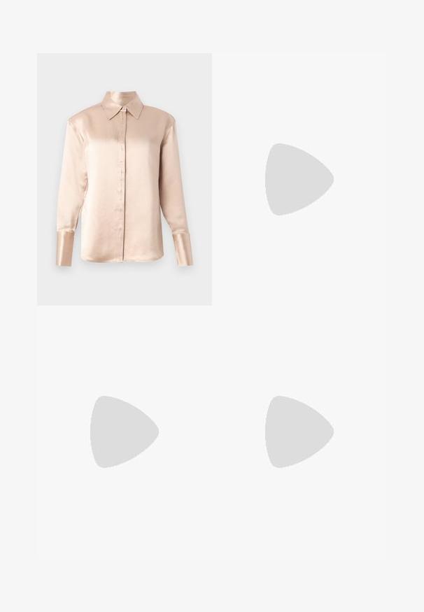 Satin blouse in soft beige with a classic collar, long sleeves, button-up front, and slightly oversized fit. Smooth texture, minimal detailing.; Light beige wide-leg trousers made of smooth fabric with an elastic waistband and minimal seams, featuring a straight cut and no pockets.; Black leather ballet flat with a rounded toe, smooth texture, minimal stitching detail, and a flexible sole design.; Brown leather handbag with a flap closure, gold-tone hardware, a shoulder strap, and a smooth texture. Compact rectangular shape.