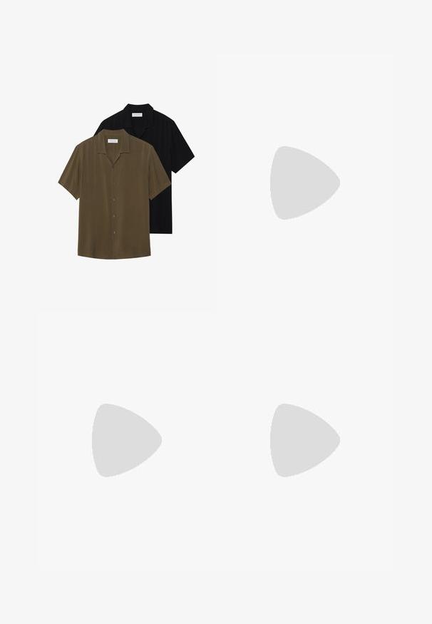 Camisetas de algodón sin mangas en blanco y negro con escote redondo, textura suave y diseño minimalista. Adecuadas para diversos entornos casuales.; Camisas de manga corta con botones en verde oliva y negro, con una tela suave, dobladillo recto y cuello puntiagudo con un ligero brillo.; Pantalones cortos de mezclilla negra con un ajuste relajado, diseño de cinco bolsillos y cierre de botón. La tela tiene una textura suave con un desgastado sutil.; Zapatilla de deporte de corte bajo con parte superior sintética negra, diseño de tres rayas blancas, suela con agarre texturizado y cordones negros.