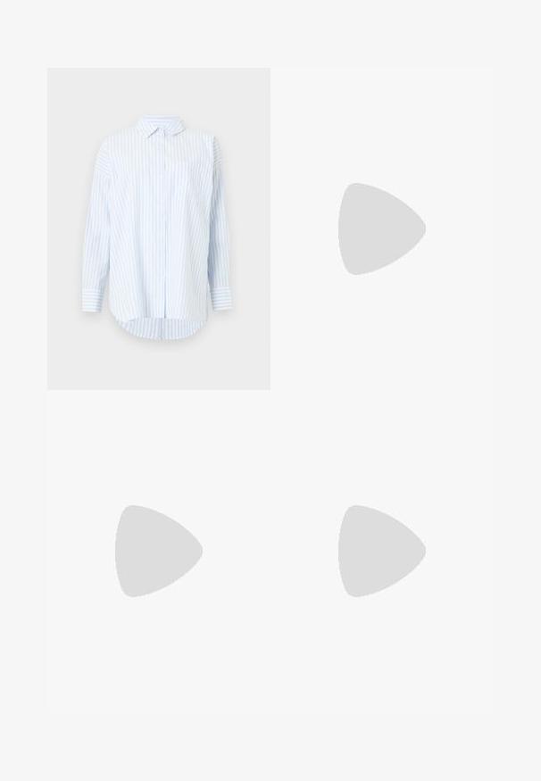 Cămașă cu mânecă lungă, în dungi albastre deschise și albe, cu deschidere cu butoane, având guler și un buzunar pe piept, cu o margine curbată.; Blugi din denim de culoare albastru închis cu un design drept, având cusături portocalii, cinci buzunare și închidere cu nasture la talie.; Adidași albi tip pantofi sport cu glezna din pânză, cu talpă din cauciuc negru, capac de vârf din cauciuc frontal și șase ochiuri pentru șireturi, având un design curat și minimalist.; Even&Odd Geantă de mână - brown