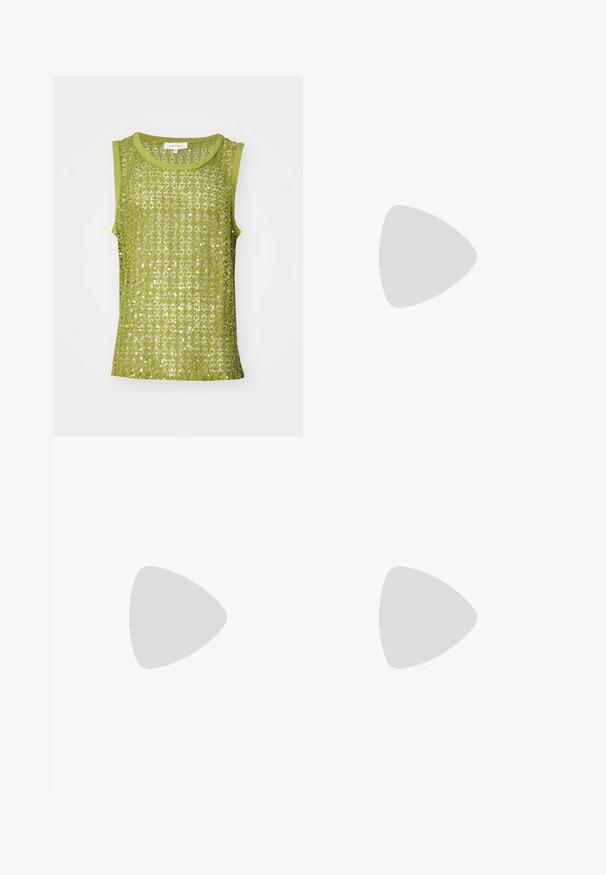 Haut sans manches vert lime avec un design en mesh orné de sequins, présentant un col rond et une finition unie autour des emmanchures.; Pantalons en velours côtelé marron avec une coupe droite, dotés d'une fermeture à bouton et zip, de deux poches avant et d'un motif en relief texturé.; Mocassins en cuir marron avec un bout arrondi, un gland décoratif, des coutures raffinées et un petit talon en caoutchouc pour un confort supplémentaire.; Lunettes de soleil à motif écaille de tortue de forme quadrilatérale, avec des verres transparents et des accents métalliques fins sur la monture.; Sac à bandoulière en cuir verni bordeaux, de forme rectangulaire, avec deux bandoulières, des accessoires en argent et une fermeture à rabat.; Montre en métal argenté avec un cadran bleu brossé, des index heures blancs et un affichage de la date. Comprend un bracelet métallique à maillons et le logo de la marque.