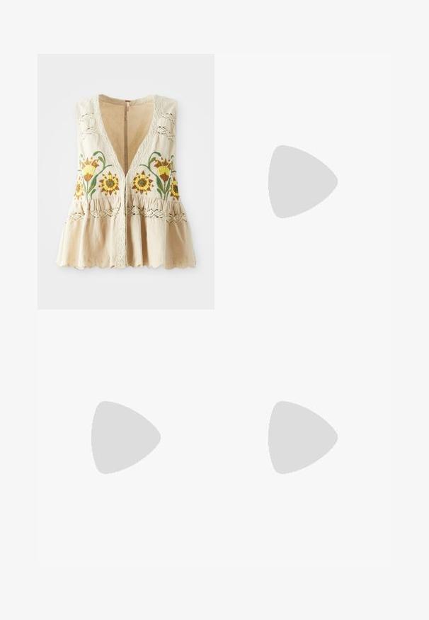 Beige sleeveless blouse with floral embroidery in yellow and green, lace accents on shoulders, and a ruffled hemline. V-neck design.; Stradivarius Shorts - white; Black mid-calf leather boot with chunky block heel and platform sole on a plain white background.; Black leather handbag with a curved shape, detachable strap, and gold hardware. The bag features a flap with a buckle detail.