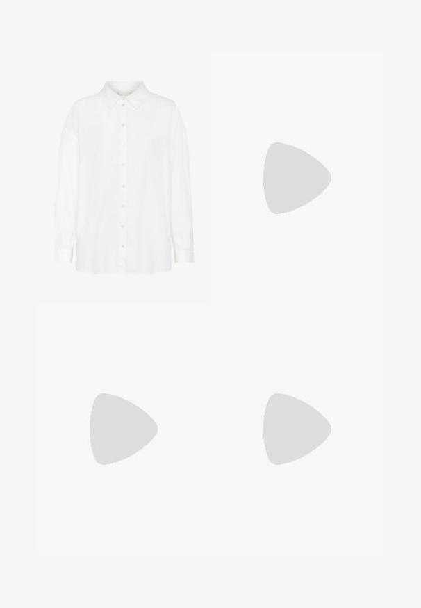 Valge pika varrukaga nööpidega särk, mis on valmistatud kergest materjalist, klassikalise krae ja sirge lõikega, millel on mugav istuvus.; Laiad teksad tumedast sinisest denimist. Omab nööbisuletust, viit taskut ja nähtavat õmblust. Sile tekstuur ja lõdvestunud sobivus.; Valge nahast tennis, millel on sile tekstuur, ümar varvas, nööridega esiosa ja lame kummitald. Lihtne disain, ilma mustrite ja aksessuaarideta.; Pruun nahast käekott, millel on struktureeritud disain, ülemine käepide, kullavärvi detailid ja logo aksent ees. Sile tekstuur.