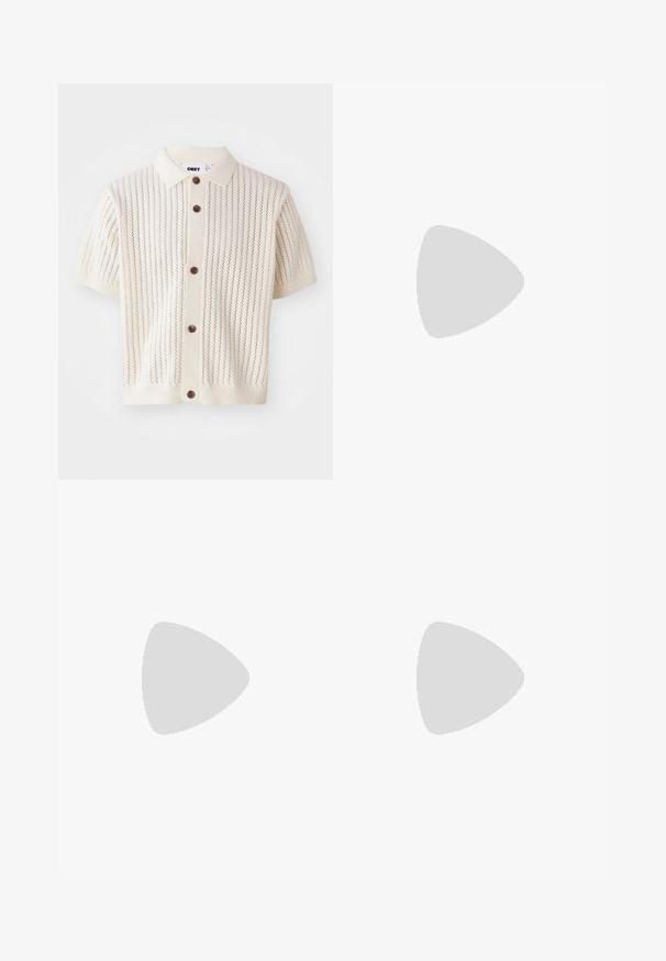 White cotton T-shirt with short sleeves and a crew neck, featuring a small black "OBEY" logo on the left chest area.; Short-sleeve cream cardigan with a button-down front, featuring vertical knit patterns and brown buttons on a ribbed hem and collar.; Olive green, high-waisted pants with a straight leg design. Made of a lightweight fabric, featuring front pleats and a button closure.; Black leather loafers with a stitched design, tassel detail, and a textured sole, set against a yellow gradient background.
