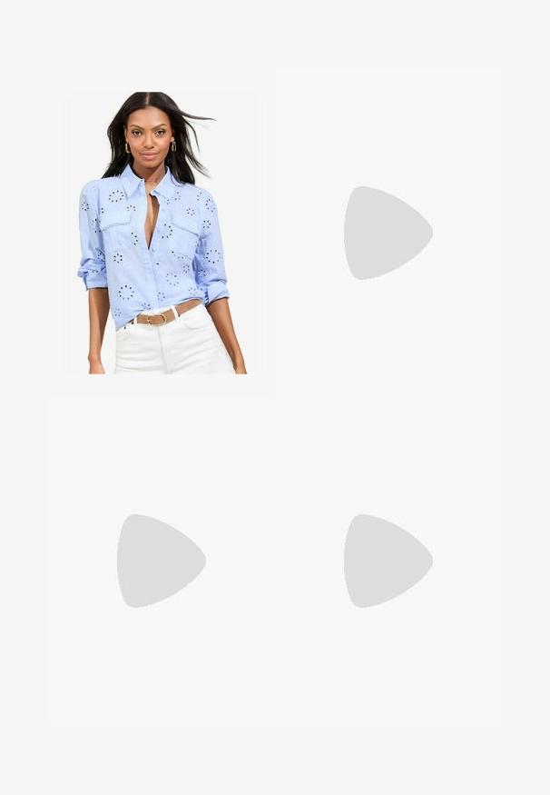 Light blue short-sleeve top with a round neckline and a back zip closure. Smooth fabric with a subtle texture and relaxed fit.; Light blue button-up shirt with floral eyelet embroidery, two chest pockets, and rolled sleeves. Worn with a beige belt over white pants.; Light blue denim jeans with a high waistband, tapered leg, five pockets, and a single button closure. Textured fabric with slight fading.; Light pink leather ballet flats with a rounded toe, small brown heel, and a decorative bow at the front. Smooth texture and simple design.