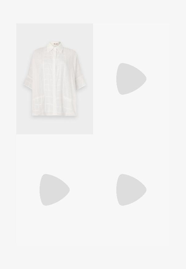 White short-sleeve shirt featuring a button-up front, subtle textured patterns, and a relaxed fit, crafted from lightweight fabric.; Dark gray wide-leg pants with subtle textured weave, high waist, and concealed front closure.; Black suede women's high-heeled sandal with slim straps and a gold buckle on a white background, side view.; Black leather handbag with a structured rectangular shape. Features a golden oval clasp and a thin shoulder strap. Smooth texture.