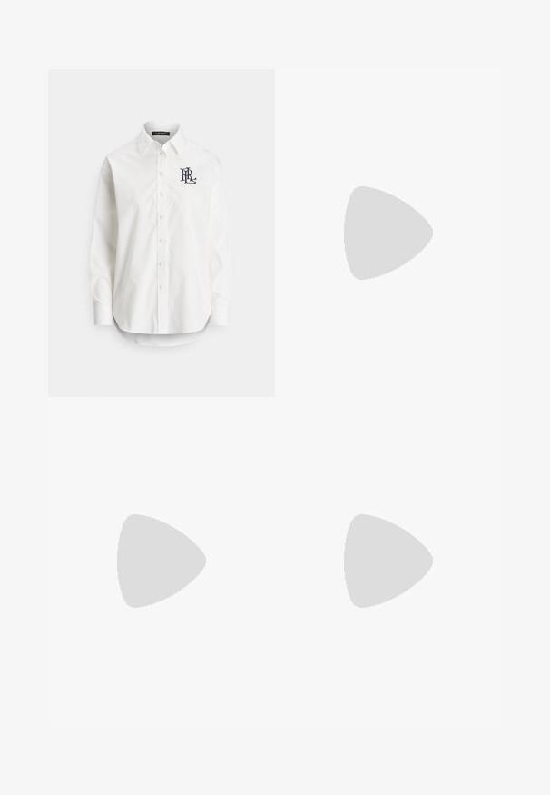 Chemise blanche en coton à boutons avec manches longues, col pointu, et un logo marine brodé sur la poitrine gauche. Ourlet arrondi en bas.; Jupe bleu marine au design structuré, dotée d'une poche cargo sur le côté et d'un accent de ceinture en métal en forme de D. Fabriquée en tissu durable.; Baskets en daim blanches, bleu marine et bleu clair avec une semelle épaisse et un logo brodé circulaire sur le côté.; Sac en cuir bleu clair porté travers avec des accessoires en métal doré, fermeture éclair et une poche avant. Il dispose d'une bandoulière réglable pour plus de commodité.