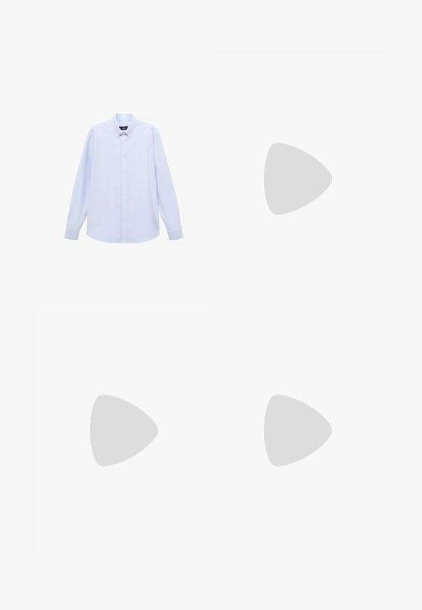 Light blue long-sleeve button-up shirt with a classic collar, straight hem, and subtle texture. Features a central button closure.; White shorts featuring a zipper fly and button closure, two side pockets, and a textured fabric with subtle stitching detail.; Black synthetic loafers with a prominent stitched front, cushioned insole, and flat rubber outsole; sleek design with minimal detailing.; Black and silver sunglasses with a cat-eye shape, gradient lenses, and metallic accents on the frame. Plastic arms with grey tips.