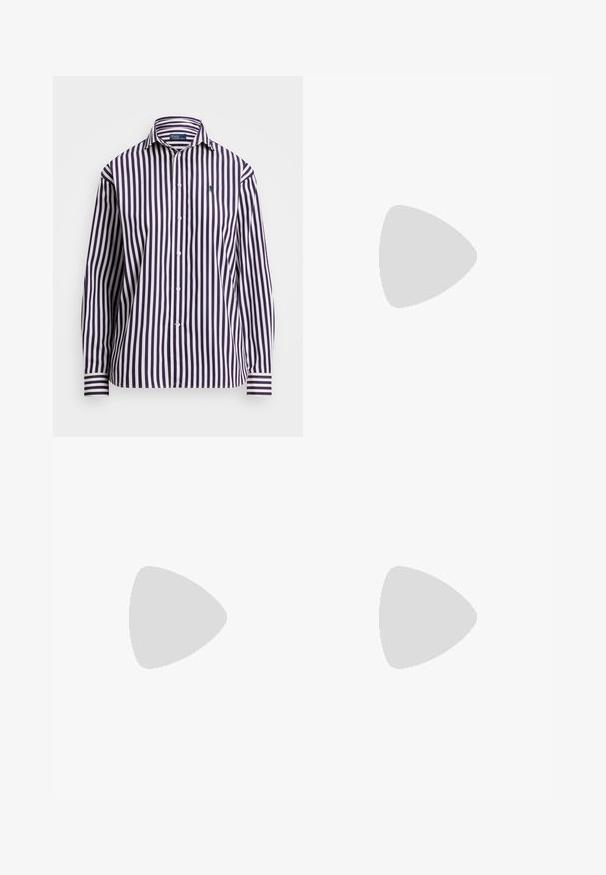 Ριγέ πουκάμισο με κουμπιά σε σκούρο μωβ και λευκό, με γιακά, μακριά μανίκια, κουμπιά στο μπροστινό μέρος και μικρό πράσινο λογότυπο στο στήθος.; Σκοτεινές γκρι τζιν παντελόνες με ψηλή μέση, πτυχώσεις στο μπροστινό μέρος, ίσιες γραμμές και μία κουμπότρυπα στη μέση.; Κρεμ χρώματος, μυτερά slingback τακούνια με λεπτό μεσαίο τακούνι, παρουσιάζοντας μια χρυσή αλυσίδα στο πάνω μέρος και λεία υφή δέρματος.; Μαύρη δερμάτινη τσάντα ώμου με δύο μπροστινές τσέπες, χρυσά κούμπωματα, κλείσιμο με φερμουάρ και λεπτό λουρί. Υφή επιφάνειας και κομψό ορθογώνιο σχήμα.