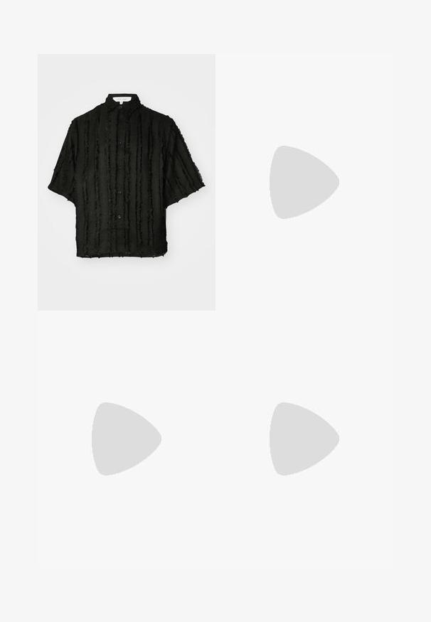 Cămașă neagră cu nasturi, având un design texturat cu dungi, mâneci scurte și guler clasic. Fabricată dintr-un material ușor, cu un croi lejer.; Shorts negri cu buline albe, talie elastică cu șnur, țesătură ușoară și croi lejer pentru confort.; Cizme cu toc din piele ecologică neagră, cu platformă și toc masiv, având două curele ajustabile cu accente din metal argintiu rotund.; Geantă din piele roșie cu un design aplicat floral, formă curbată și un mânere scurt. Accesorii din metal argintiu și numele brand-ului "Desigual" evidențiat proeminent.