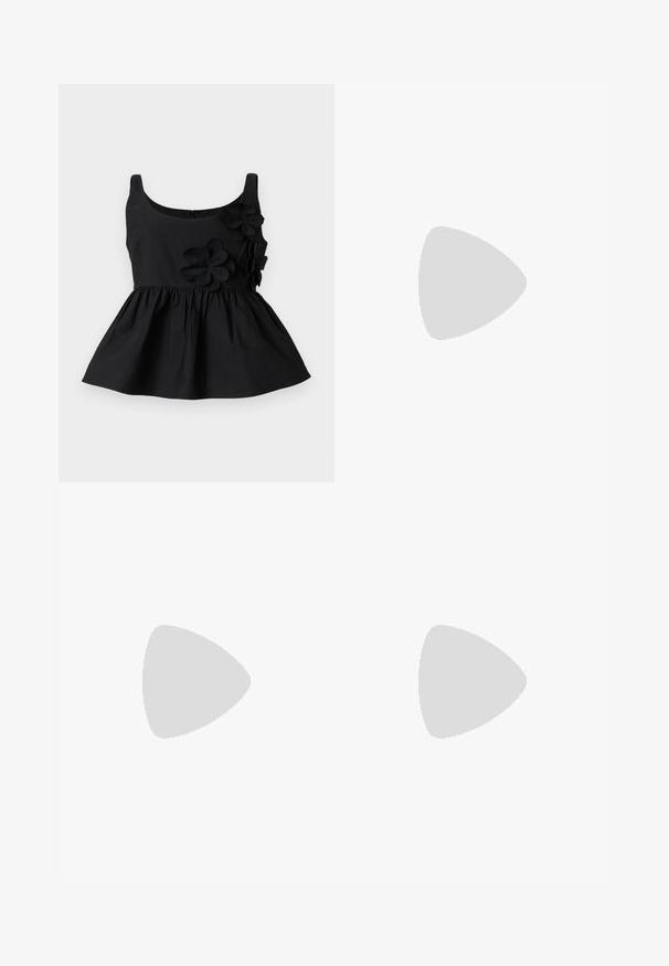 Black sleeveless top with a fitted bodice and flared, gathered skirt. Features three black floral appliqués on the left side.; Black layered skirt with multiple ruffles. Features a fitted waistband and a flowy finish, crafted from a smooth, satin-like fabric.; Brown suede ankle boot with elastic side panels, rounded toe, and a thick rubber sole featuring a textured tread pattern.; Silver heart-shaped padlocks featuring engraved "YES" and "NO" texts, polished finish, symmetrical design, and a robust metal clasp.