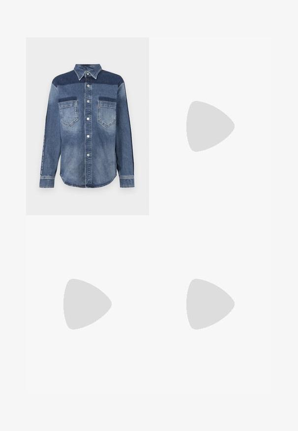 Cămașă din denim cu guler cu nasturi, care prezintă un amestec de panouri albastre deschise și închise, două buzunare pe piept și nasturi cu prindere tip snap argintii.; Jeans din denim albastru cu un design drept, cinci buzunare și bucle pentru curea. Țesătura prezintă o ușoară decolorare și accente subtile de cusătură.; Balerini din piele neagră, cu vârf rotund, textură netedă, detalii de cusătură minimale și un design al tălpii flexibil.; Geantă din piele bej cu mânere superioare duale și o curea de umăr detașabilă. Dispune de o închidere cu fermoar și un logo embosat subtil.