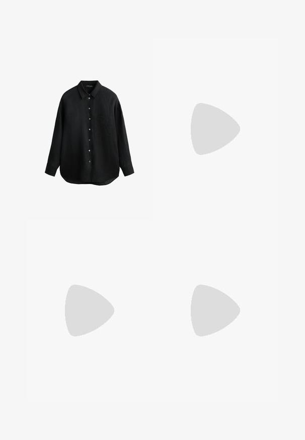 Black linen shirt with a pointed collar, button front, long sleeves, left chest pocket, and rounded hem. Soft texture with a relaxed fit.; STAMM YOUNG PANT - Trousers - green; Black leather and gray suede sneaker with white stripes, rubber gum sole, lace-up front, and Velcro strap. Features "Samba" branding in gold.; Black puffer bag with a structured, curved shape; features quilted texture and two elongated handles for carrying.