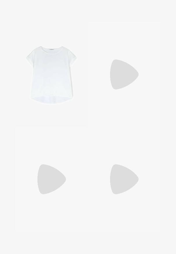 Weißes T-Shirt mit kurzen Ärmeln und rundem Ausschnitt, aus glattem Stoff gefertigt. Verfügt über einen lockeren Schnitt und einen leicht geschwungenen Saum.; Weißer, taillierter Minirock mit glatter Textur und klaren Linien. Keine sichtbaren Muster oder Beschläge. Gerader Saum am unteren Ende.; Schwarze Leder-Plateau-Slipper mit runder Spitze und breitem Riemen über dem Spann. Merkmale eine klobige, quadratische Ferse und eine glatte Textur.; Schwarze, eckige Sonnenbrille mit grauen Gläsern; aus Kunststoff gefertigt, mit dicken Bügeln, die eine glatte Oberfläche und keine sichtbaren Beschläge haben.; Gestuz WEDA - Clutch - multi-coloured