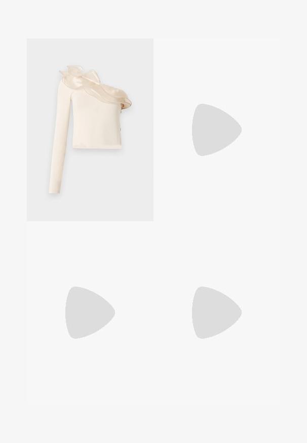 Asymmetrical cream top with one long sleeve, featuring a sheer ruffled neckline detail and smooth, fitted fabric.; Black asymmetrical skirt with a smooth texture, featuring a wide elastic waistband and side slits for added movement and flow.; Black patent leather slingback heels with a pointed toe, a rounded cutout design, and a block heel. Features a gold-tone buckle accent.; Woven straw handbag with a curved silhouette, featuring a smooth black leather strap and a matching small pouch attached by a wrist strap.